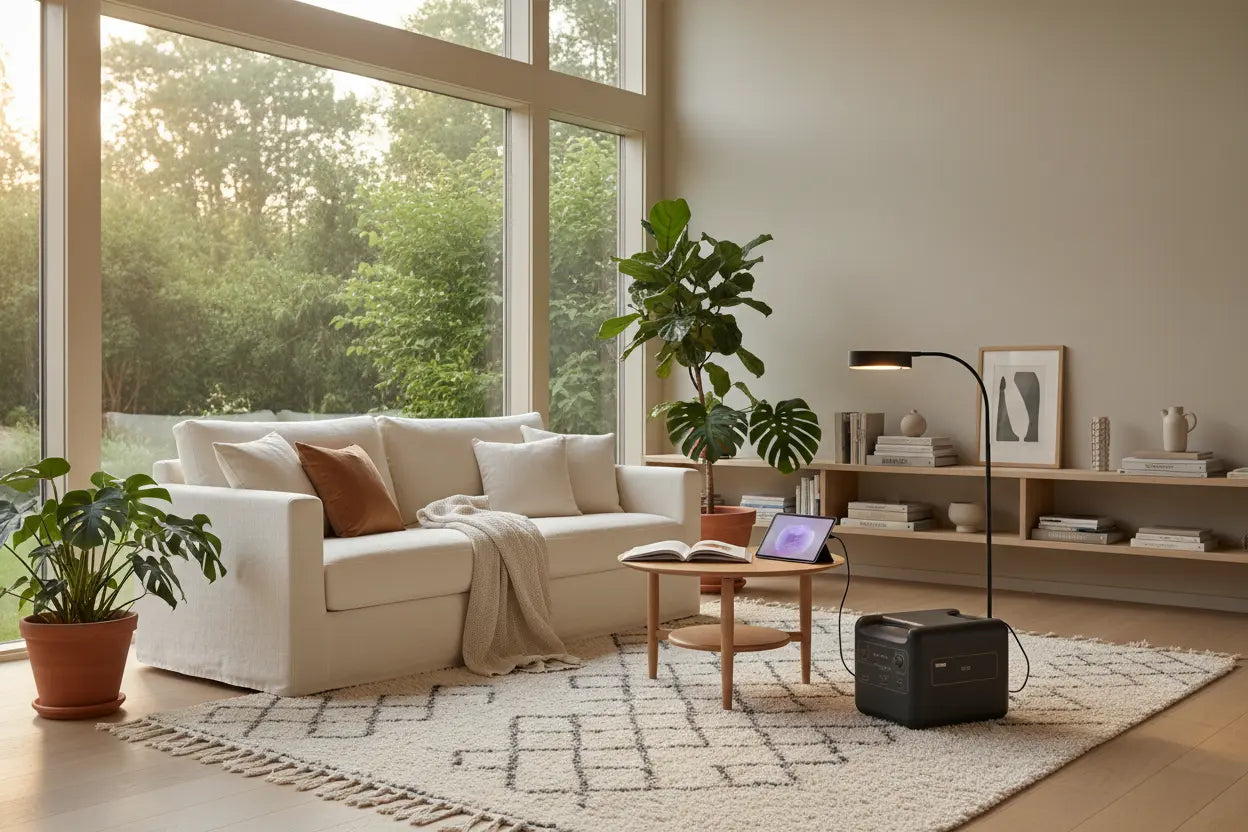 A compact portable power station powering a modern laptop and floor lamp in a bright, minimalist European living room. This eco-friendly home battery backup sits on a rug near a white sofa, providing off-grid energy for remote work and indoor lighting